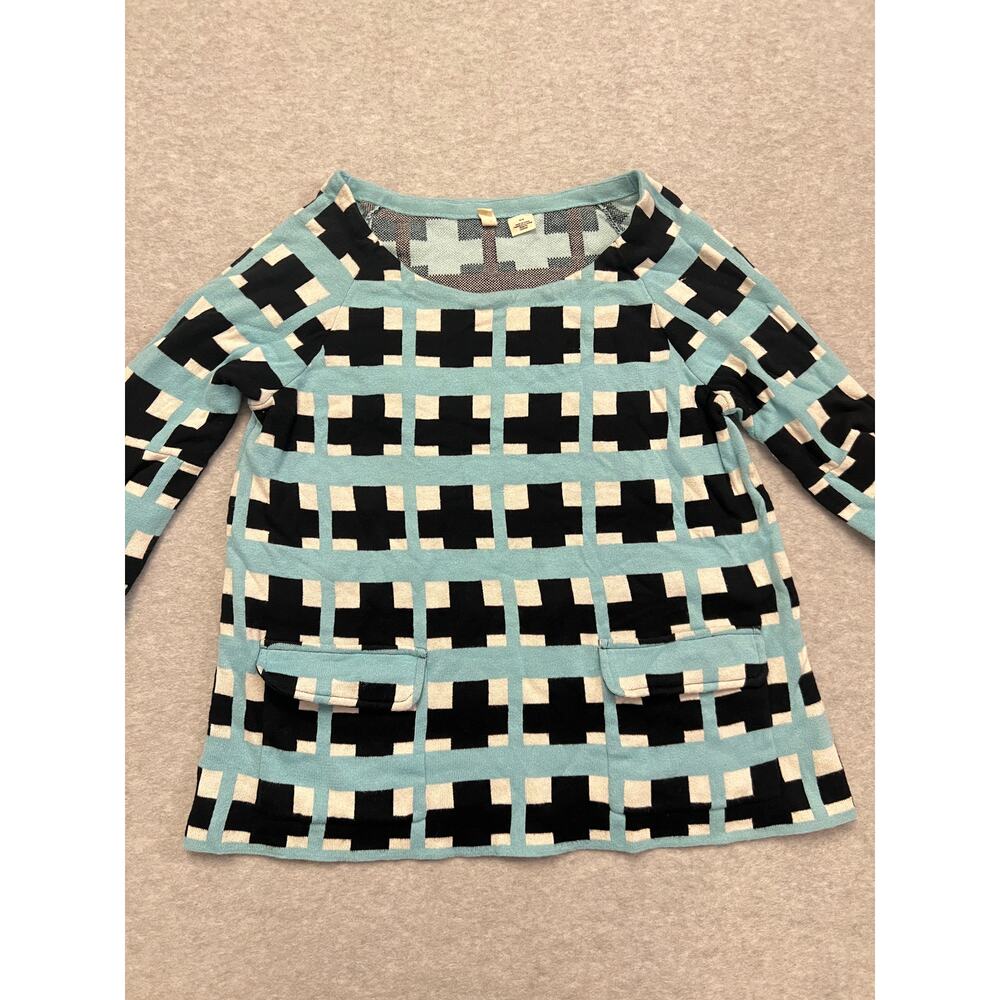 Anthropologie Moth Sweater Womens Medium Flare Sleeve Plaid Blue Black White‎